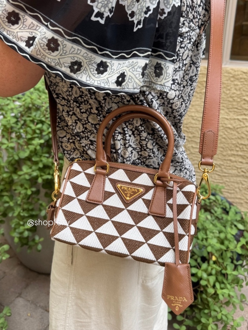 Prada Symbole Embroidered Fabric Top Handle Bag